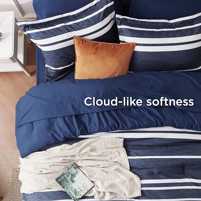 Bedsure Bed in a Bag Full Size 7 Pieces, Navy White Striped Bedding Comforter Sets All Season Bed Set, 2 Pillow Shams, Flat Sheet, Fitted Sheet and 2 Pillowcases - LeafyLoom