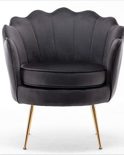 Velvet Barrel Accent Chair with Scalloped Silhouette and Gold Metal Legs, Decorative Piece Suitable for Traditional, Modern, and Contemporary Spaces, Black - LeafyLoom
