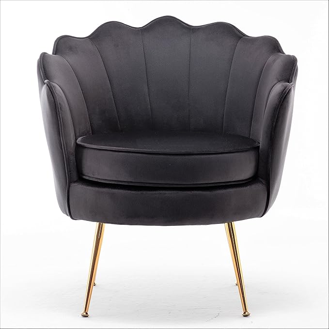Velvet Barrel Accent Chair with Scalloped Silhouette and Gold Metal Legs, Decorative Piece Suitable for Traditional, Modern, and Contemporary Spaces, Black - LeafyLoom