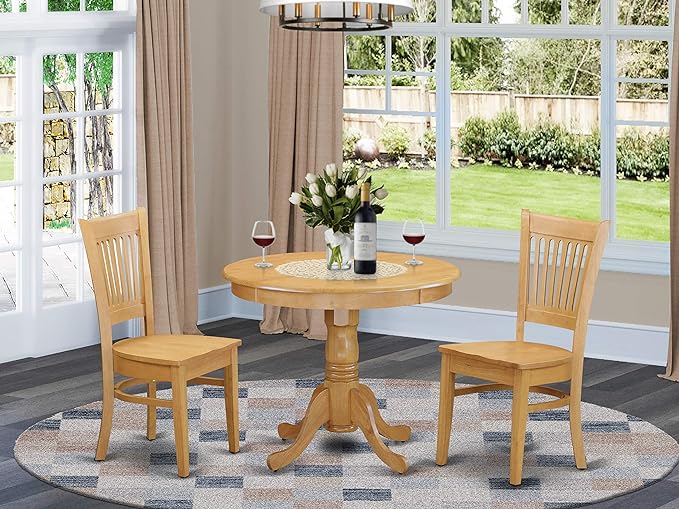 East West Furniture ANVA3-OAK-W 3 Piece Dining Table Set for Small Spaces Contains a Round Kitchen Table with Pedestal and 2 Dining Room Chairs, 36x36 Inch, Oak - LeafyLoom