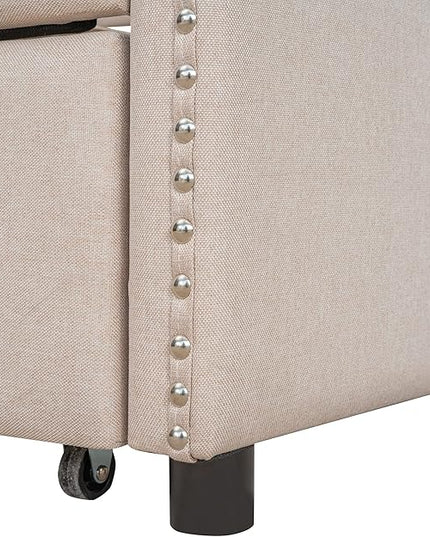 Full Size Upholstered Daybed with Twin Size Trundle, Wood Slat Support, Beige - LeafyLoom