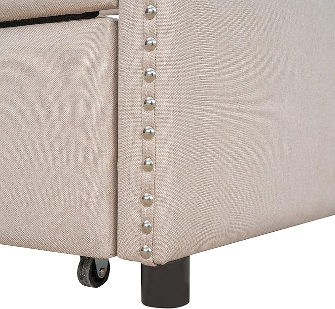 Full Size Upholstered Daybed with Twin Size Trundle, Wood Slat Support, Beige - LeafyLoom