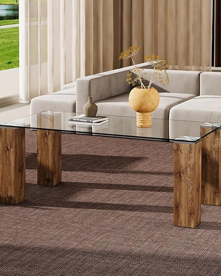 44" Modern Wood and Glass Top Coffee Table Rectangle Tea Table with Wood Leg for Living Room - LeafyLoom