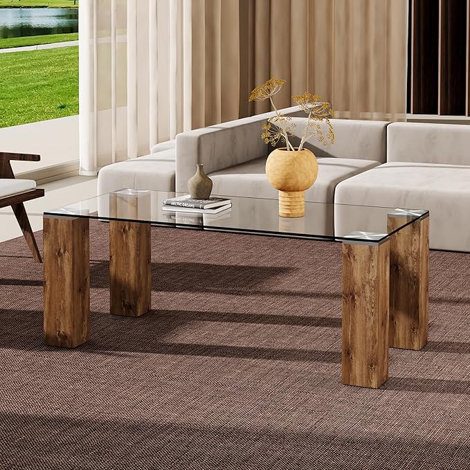 44" Modern Wood and Glass Top Coffee Table Rectangle Tea Table with Wood Leg for Living Room - LeafyLoom