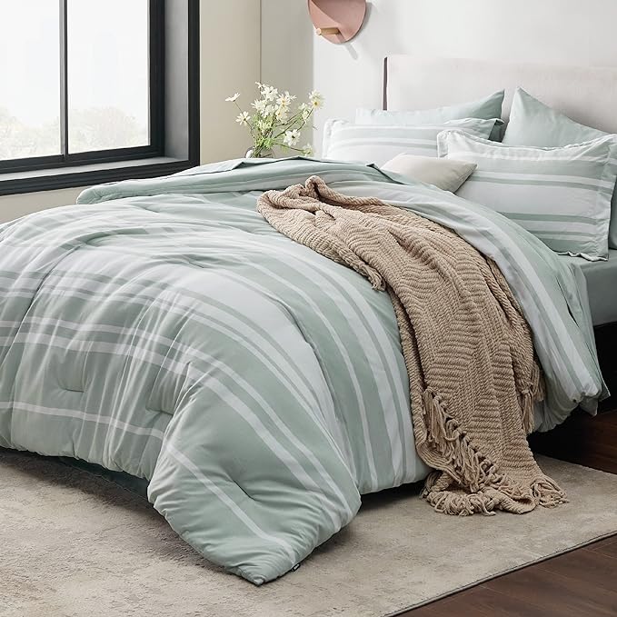 Bedsure Bed in a Bag California King Size 7 Pieces, Sage Green White Striped Bedding Comforter Sets All Season Bed Set, 2 Pillow Shams, Flat Sheet, Fitted Sheet and 2 Pillowcases - LeafyLoom