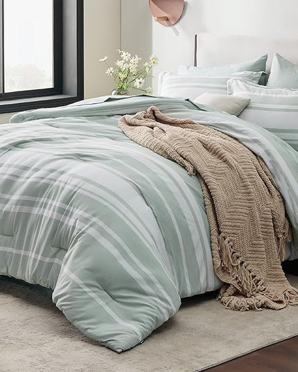 Bedsure Bed in a Bag Queen Size 7 Pieces, Sage Green White Striped Bedding Comforter Sets All Season Bed Set, 2 Pillow Shams, Flat Sheet, Fitted Sheet and 2 Pillowcases - LeafyLoom
