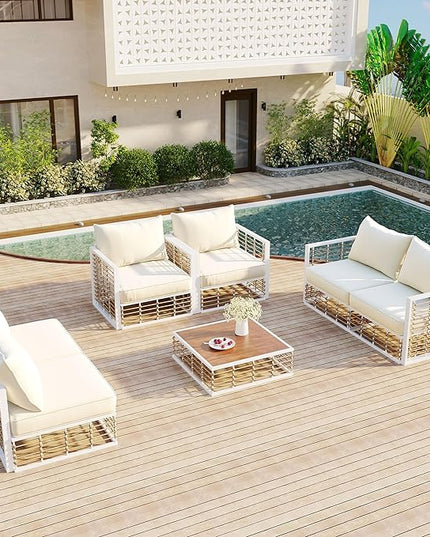 7-Piece Rattan Woven Outdoor Patio Furniture Set, All-Weather Sectional Sofa with Removable Cushions&Coffee Table, Minimalist Style Garden Couch Seating, Onesize, White Frame+Ivory Cushion - LeafyLoom