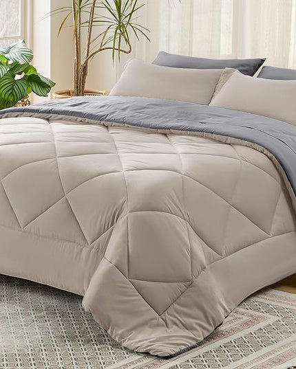 Bedsure Beige King Comforter Set - 7 Pieces Reversible Bed Set Bed in a Bag King with Comforters, Sheets, Pillowcases & Shams, King Bedding Sets - LeafyLoom
