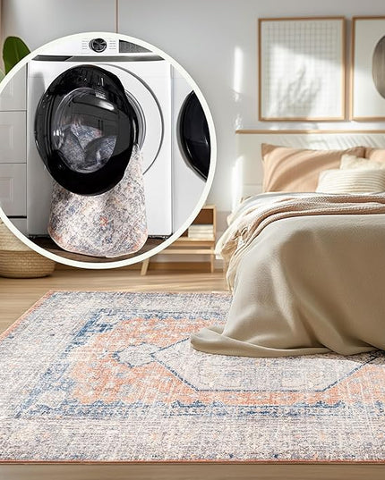 nuLOOM 6x9 Machine Washable Rain Haven Vintage Medallion Area Rug, Peach, Traditional Faded Design, Non-Slip Backing, Stain Resistant, For Bedroom, Dining Room, Living Room, Kitchen - LeafyLoom