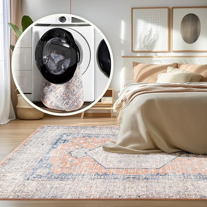 nuLOOM 2x3 Machine Washable Rain Haven Vintage Medallion Area Rug, Peach, Traditional Faded Design, Non-Slip Backing, Stain Resistant, For Bedroom, Dining Room, Living Room, Kitchen - LeafyLoom
