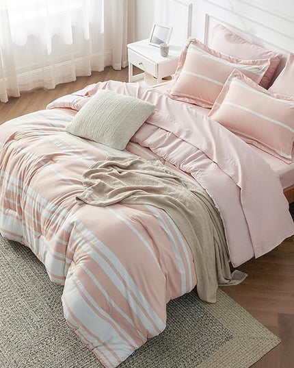 Bedsure Light Pink Comforter Set Queen 7 Pieces, Light Pink White Striped Bedding Sets All Season Bed in a Bag, 2 Pillow Shams, Flat Sheet, Fitted Sheet and 2 Pillowcases - LeafyLoom