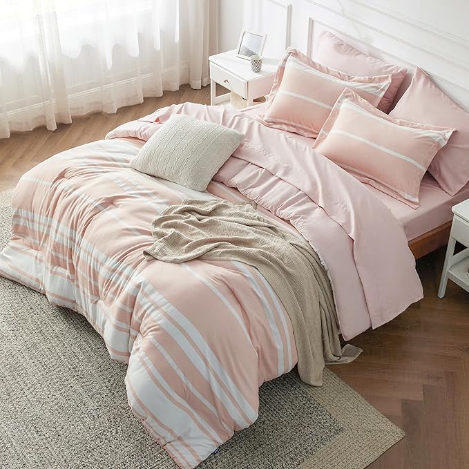 Bedsure Light Pink Comforter Set Queen 7 Pieces, Light Pink White Striped Bedding Sets All Season Bed in a Bag, 2 Pillow Shams, Flat Sheet, Fitted Sheet and 2 Pillowcases - LeafyLoom