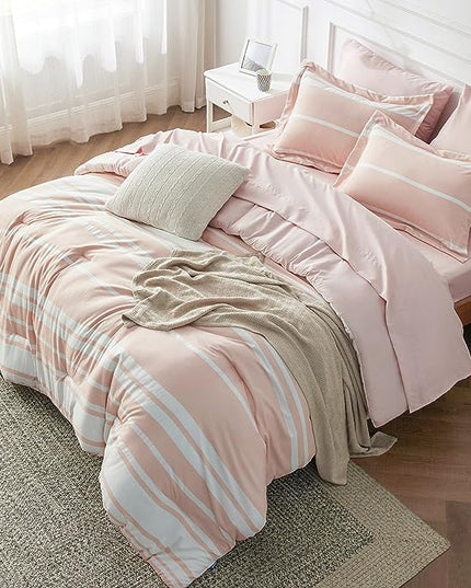 Bedsure Pink Comforter Set Full 7 Pieces, Light Pink White Striped Bedding Sets All Season Bed Set, 2 Pillow Shams, Flat Sheet, Fitted Sheet and 2 Pillowcases - LeafyLoom