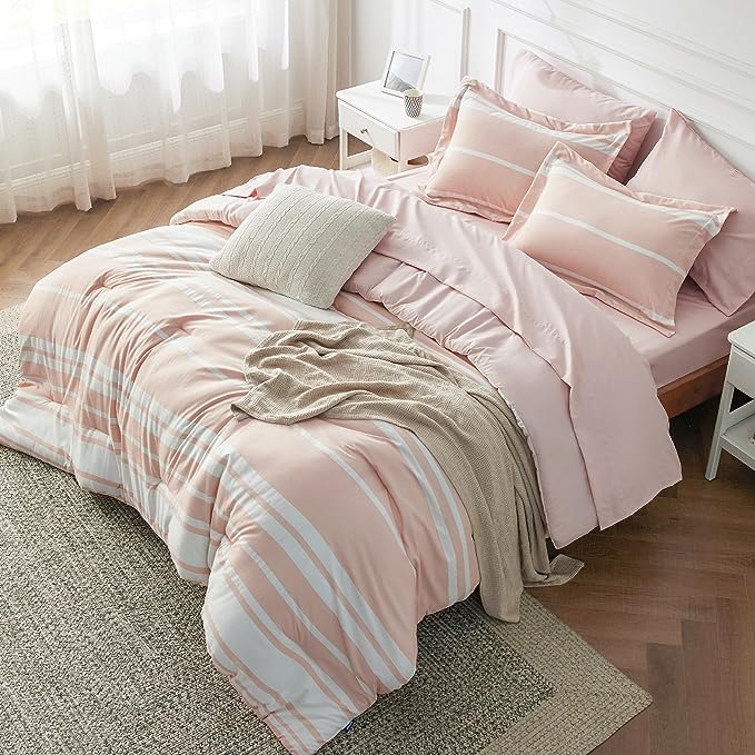 Bedsure Bed in a Bag Twin Size 5 Pieces, Light Pink White Striped Bedding Comforter Sets All Season Bed Set with 1 Pillow Sham, Flat Sheet, Fitted Sheet and 1 Pillowcase - LeafyLoom
