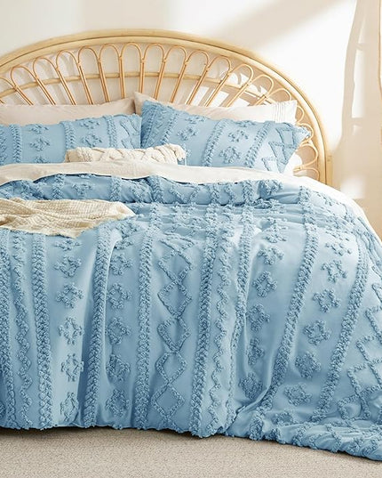 Bedsure Tufted Boho Comforter Set Full - Dusty Blue Boho Bedding Comforter Set, 3 Pieces Farmhouse Shabby Chic Embroidery Bed Set, Soft Jacquard Comforter for All Seasons - LeafyLoom