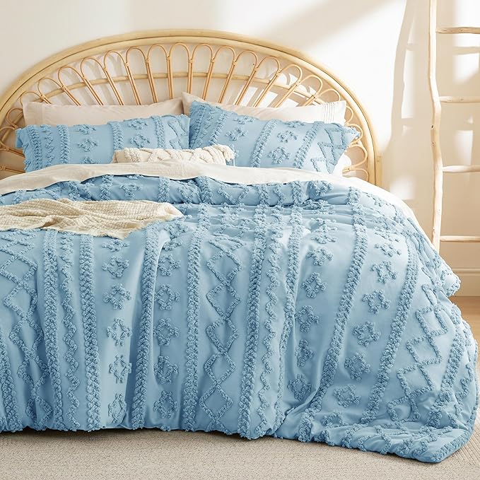 Bedsure Tufted Boho Comforter Set Full - Dusty Blue Boho Bedding Comforter Set, 3 Pieces Farmhouse Shabby Chic Embroidery Bed Set, Soft Jacquard Comforter for All Seasons - LeafyLoom