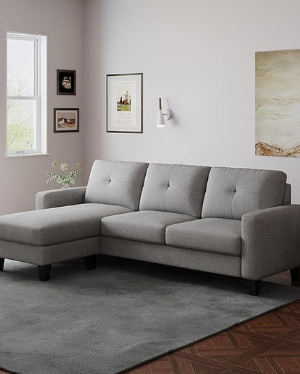 L Shaped Convertible Sectional Sofa, 3 Seater Linen Fabric Corner Couch with Reversible Chaise Movable Ottoman, Button Tufted Sofa&Couches for Small Apartments, Living Rooms and Offices - LeafyLoom