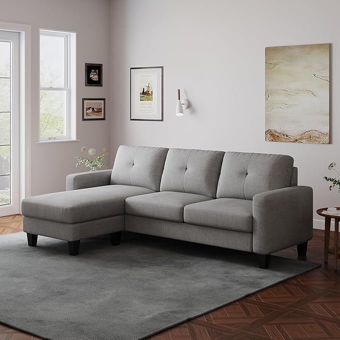 L Shaped Convertible Sectional Sofa, 3 Seater Linen Fabric Corner Couch with Reversible Chaise Movable Ottoman, Button Tufted Sofa&Couches for Small Apartments, Living Rooms and Offices - LeafyLoom