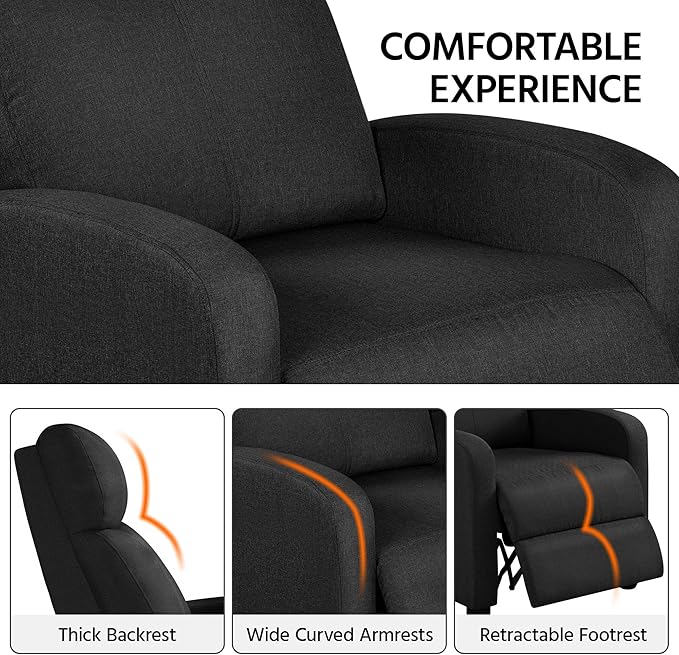Yaheetech Fabric Recliner Chair Sofa Ergonomic Adjustable Single Sofa with Thicker Seat Cushion Modern Home Theater Seating for Living Room Matte Black - LeafyLoom
