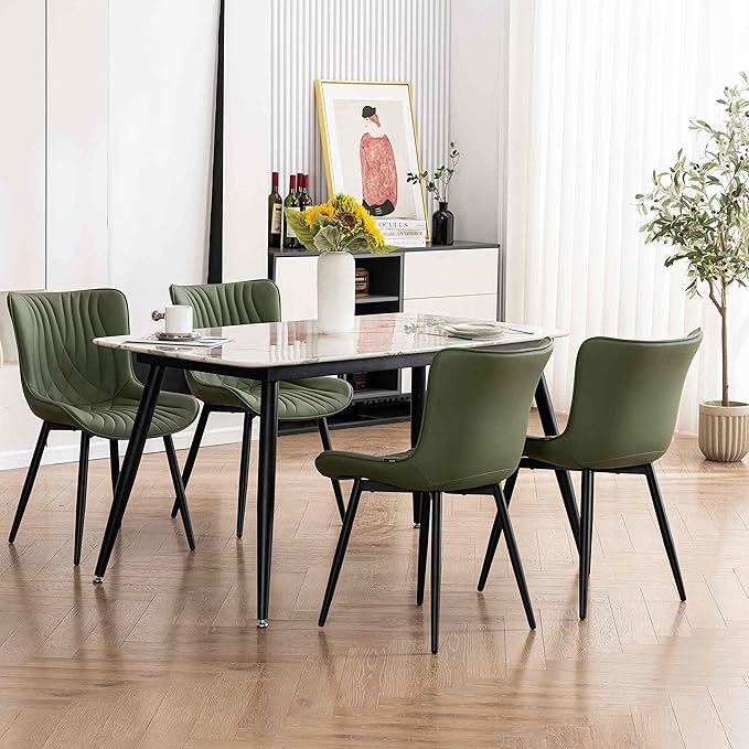 YOUTASTE Dining Chairs Set of 2 Upholstered Mid Century Modern Kitchen Dining Living Room Chairs Armless Faux Leather Accent Chair Metal Vanity Lounge Chair with Back for Bedrooms,Olive Green - LeafyLoom