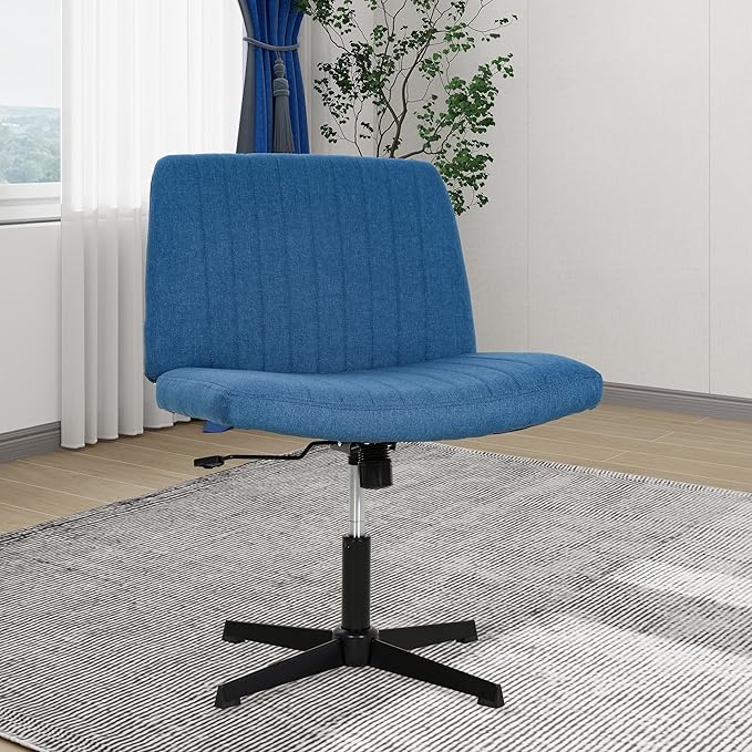FDW Criss Cross Chair Armless Cross Legged Office Desk Chair Adjustable Swivel Ergonomic Gaming Chair No Wheels Backrest with Wide Seat Native Sponge Computer Task Vanity Chair for Home Office,Blue - LeafyLoom