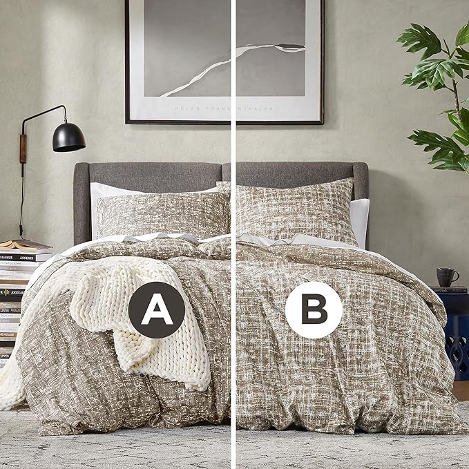 Hyde Lane Full/Queen Comforter Set, Taupe Boho Modern Aesthetic Soft Bedding, Plaid Lines Pattern Neutral Bed Sets for All Season, 3 Pieces includes 1 Comforter, 2 Shams (90"x 90") - LeafyLoom
