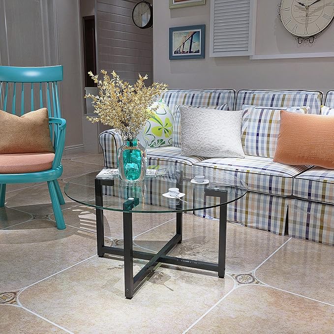 NicBex Coffee Table Modern Tempered Glass Coffee Table with Storage Round Center Tables with Metal Legs Dining Table for Living Room, Dining Room, Office, and Bedroom,35.44" W, Transparent+Gray - LeafyLoom