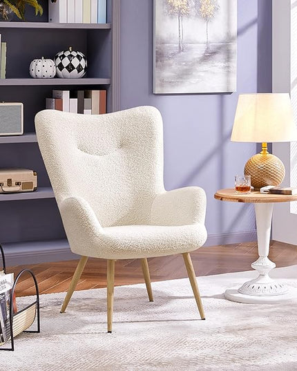 Yaheetech Boucle Vanity Chair, Modern Fluffy Accent Chair, Armchair with High Back and Wood-Tone Metal Legs, Downy Barrel Chair Soft Backrest for Living Room Bedroom Home Office, Ivory - LeafyLoom