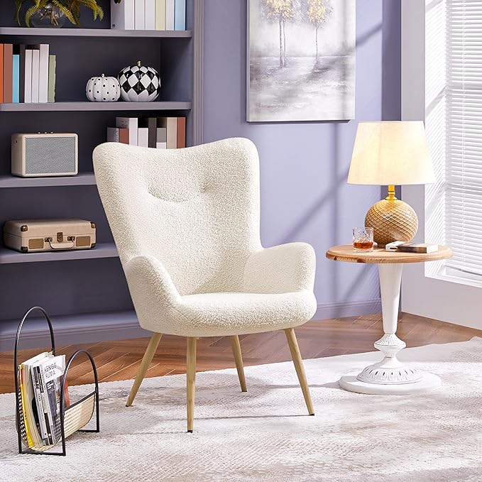 Yaheetech Boucle Vanity Chair, Modern Fluffy Accent Chair, Armchair with High Back and Wood-Tone Metal Legs, Downy Barrel Chair Soft Backrest for Living Room Bedroom Home Office, Ivory - LeafyLoom