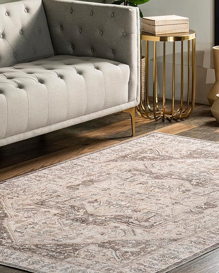 nuLOOM 5x8 Machine Washable Rain Haven Vintage Medallion Area Rug, Brown, Traditional Faded Design, Non-Slip Backing, Stain Resistant, For Bedroom, Dining Room, Living Room, Kitchen - LeafyLoom