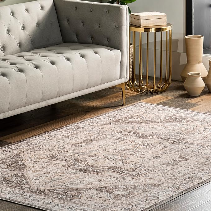 nuLOOM 5x8 Machine Washable Rain Haven Vintage Medallion Area Rug, Brown, Traditional Faded Design, Non-Slip Backing, Stain Resistant, For Bedroom, Dining Room, Living Room, Kitchen - LeafyLoom