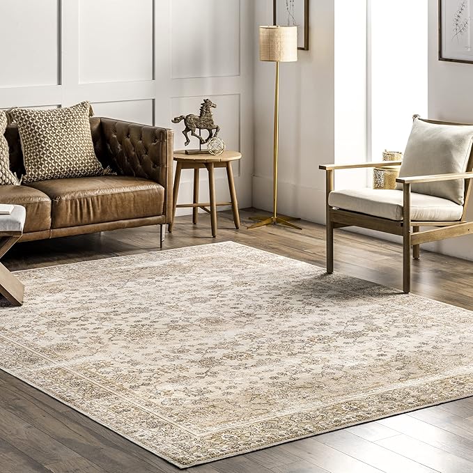 nuLOOM Deadra Medallion 4x6 Machine Washable Area Rug for Living Room Bedroom Dining Room Kitchen, Beige/Ivory - LeafyLoom