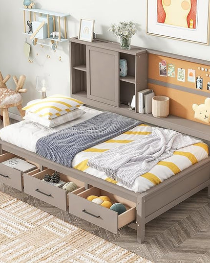 Twin Size Wooden Lounge Daybed with Storage Shelves, Cork Board, USB Ports and 3 Drawers, No Box Spring Needed, Antique Gray - LeafyLoom