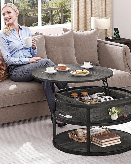 DWVO Round Coffee Tables for Living Room,Lift Top Coffee Table with Storage, Farmhouse Wood Coffee Table,Circle Coffee Tables Living Room for Home Office,Grey - LeafyLoom