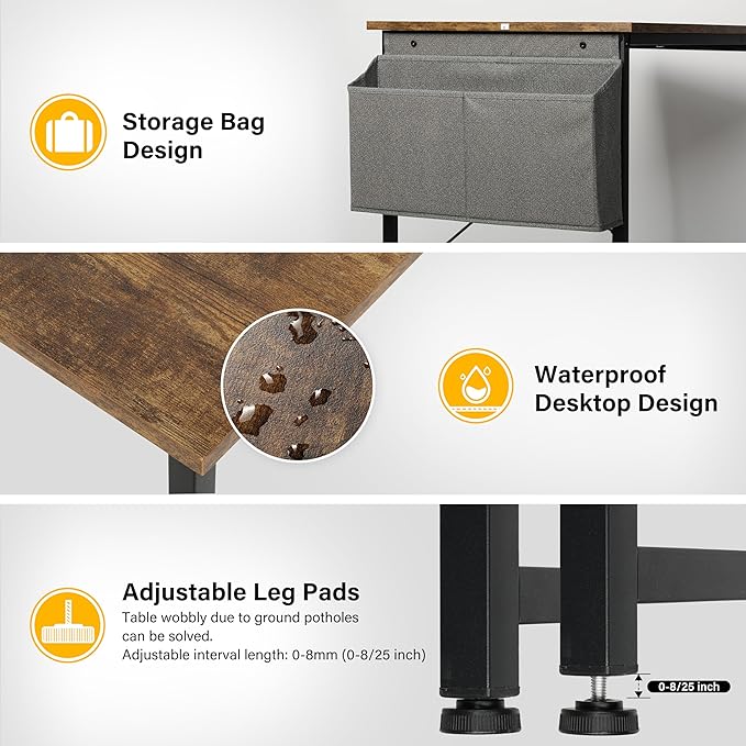 HealSmart Writing Study Worktable for Bedroom Small Desk, Modern Simple Style PC Table with Storage Bag, 40 Inch, Brown-New Version - LeafyLoom