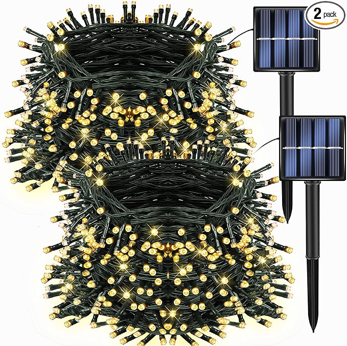 Dazzle Bright 2 Pack Total 400LED 132FT Warm White Christmas Solar String Outdoor Lights, Solar Powered with 8 Modes Waterproof Fairy Lights for Bedroom Patio Garden Tree Party Yard Decoration DazzleBright