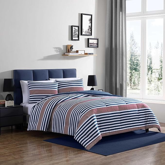 Nautica - Comforter Set, Soft Reversible Bedding with Matching Shams, Striped Home Decor (Kennedy Stripe Navy Blue, King) - LeafyLoom