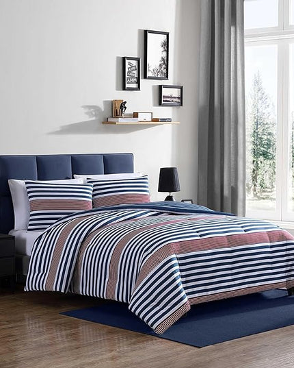 Nautica - Comforter Set, Soft Reversible Bedding with Matching Shams, Striped Home Decor (Kennedy Stripe Navy Blue, Full/Queen) - LeafyLoom