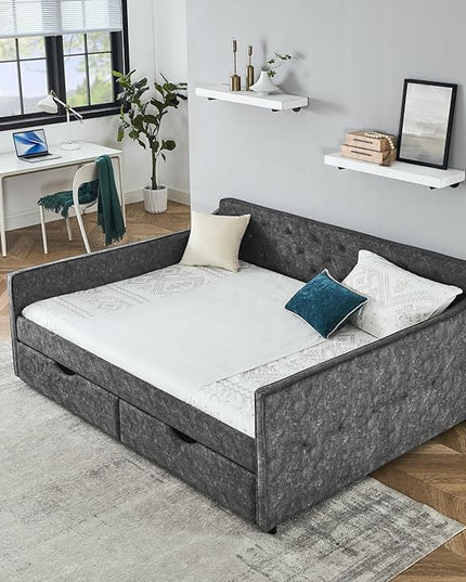 Queen Size Daybed with 2 Drawers, Upholstered Tufted Sofa Bed, with Button Back and Waved Shape Arms, Wood Slat Support, No Spring Box Need, for Bedroom, Livingroom - LeafyLoom