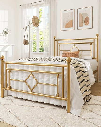 Allewie Twin Size Metal Platform Bed Frame with Victorian Vintage Headboard and Footboard/Mattress Foundation/Under Bed Storage/No Box Spring Needed/Noise-Free/Easy Assembly, Gold - LeafyLoom