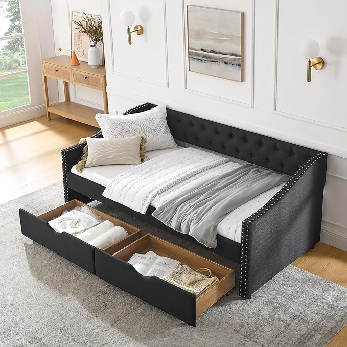 Twin Size Mid-Century Daybed, 2 Storage Drawers,Linen Button Upholstered Tufted Bed, Copper Nail on Waved Shape Arms, No Box Spring Needed, for Bedroom, Livingroom, Black - LeafyLoom
