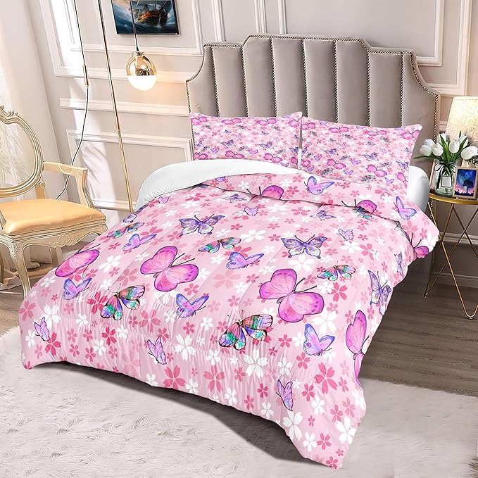 Kids Butterfly Comforter Set - Butterfly Queen Bedding Set Pink Butterflies Prints Bedding Set for Girls Room Cute Princess Bedding Set for All Season Butterfly Bed Set, 1 Comforter + 2 Pillowcases - LeafyLoom