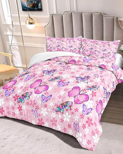 Kids Butterfly Comforter Set - Butterfly Full Bedding Set Pink Butterflies Prints Bedding Set for Girls Room Cute Princess Bedding Sets for All Season Butterfly Bed Set, 1 Comforter + 2 Pillowcases - LeafyLoom