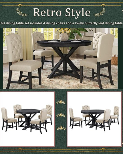 5 Piece Functional Furniture Retro Style Set with Extendable Table and 4 Upholstered Chairs for Dining, Living Room, Espresso+Light Beige - LeafyLoom