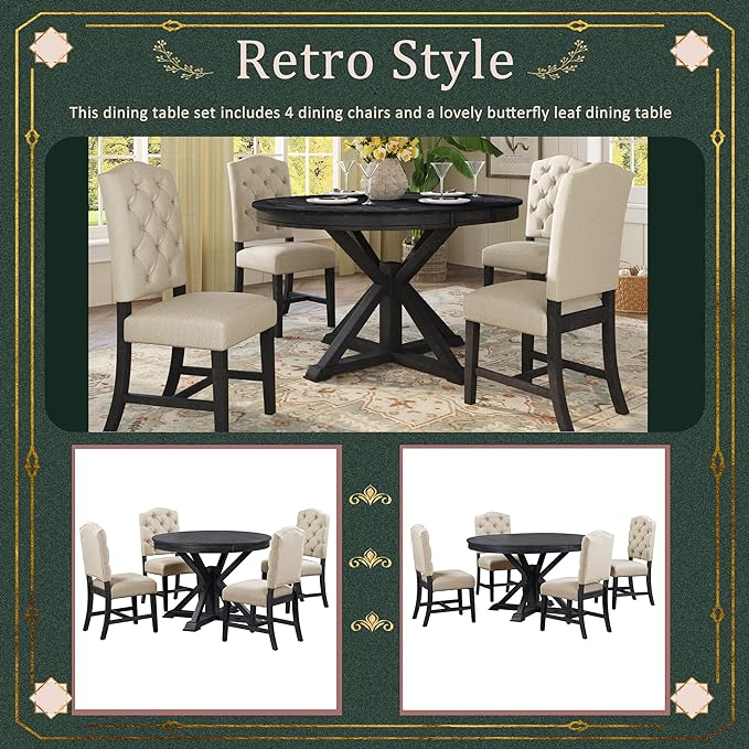 5 Piece Functional Furniture Retro Style Set with Extendable Table and 4 Upholstered Chairs for Dining, Living Room, Espresso+Light Beige - LeafyLoom