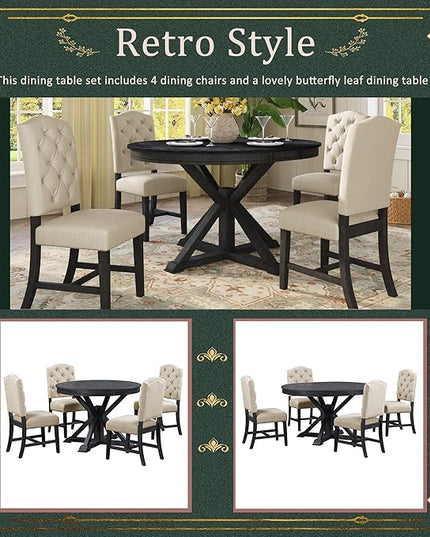 Small Dining Table Set for 4-6, Modern Round Extendable Table and Upholstered Chairs, X-Shaped Cross Base, Button Tufting Backrest, Retro Style Home Furniture for Small Spaces, Living Room - LeafyLoom