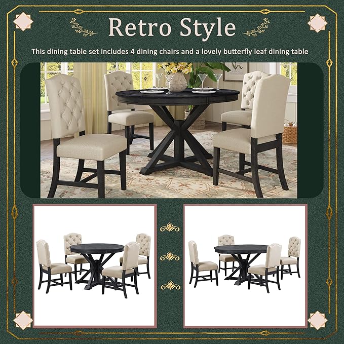 Small Dining Table Set for 4-6, Modern Round Extendable Table and Upholstered Chairs, X-Shaped Cross Base, Button Tufting Backrest, Retro Style Home Furniture for Small Spaces, Living Room - LeafyLoom