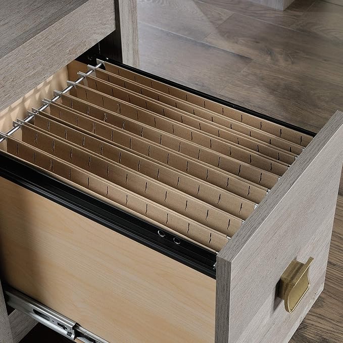 Sauder Cannery Bridge L-Desk, L: 59.06" x W: 59.06" x H: 30.04", Mystic Oak finish - LeafyLoom