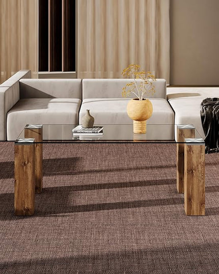 44" Modern Wood and Glass Top Coffee Table Rectangle Tea Table with Wood Leg for Living Room - LeafyLoom