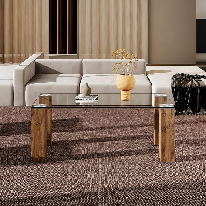 44" Modern Wood and Glass Top Coffee Table Rectangle Tea Table with Wood Leg for Living Room - LeafyLoom